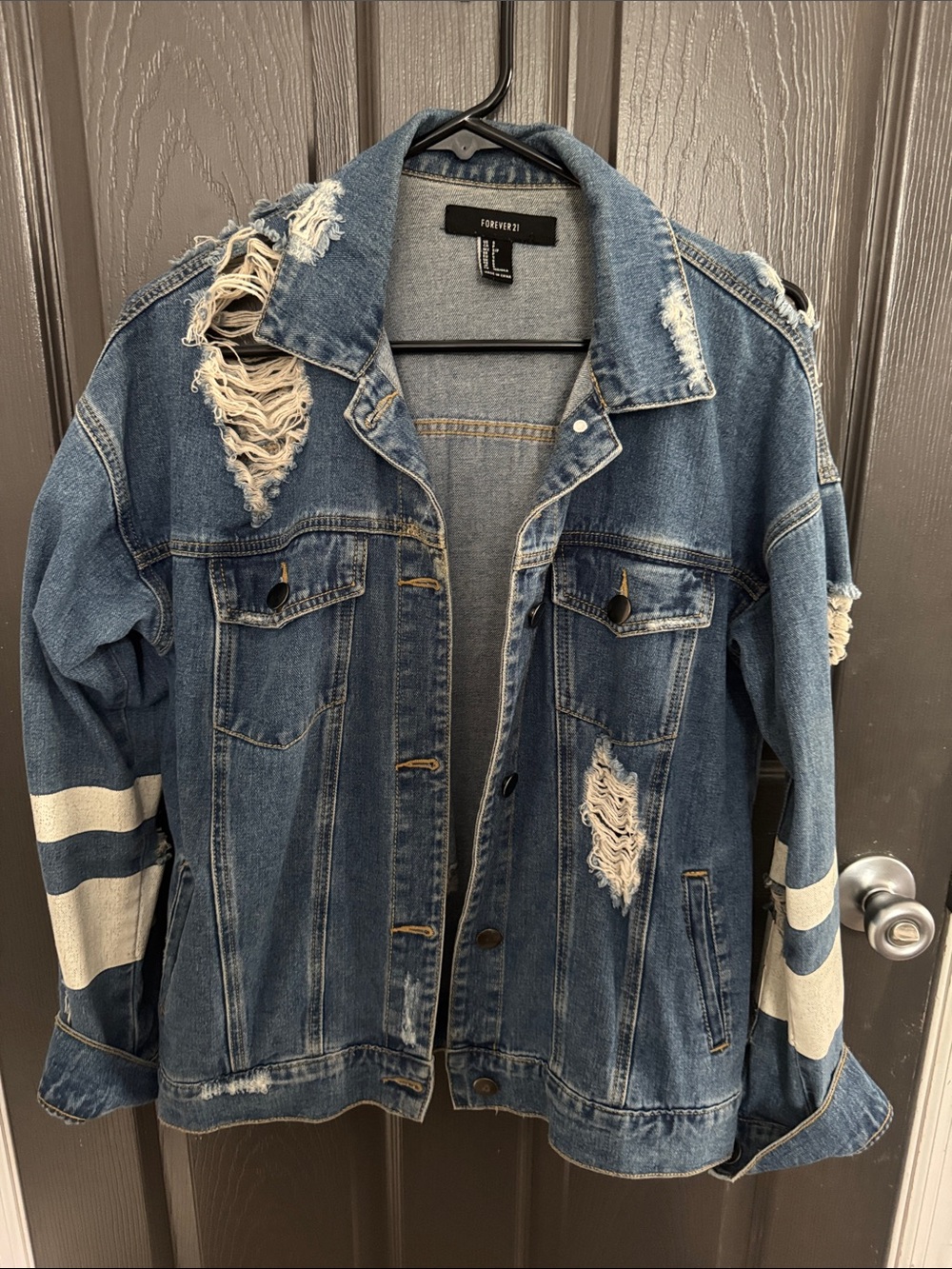 Forever 21 Blue Distressed Denim Jacket with White Sleeve Stripes